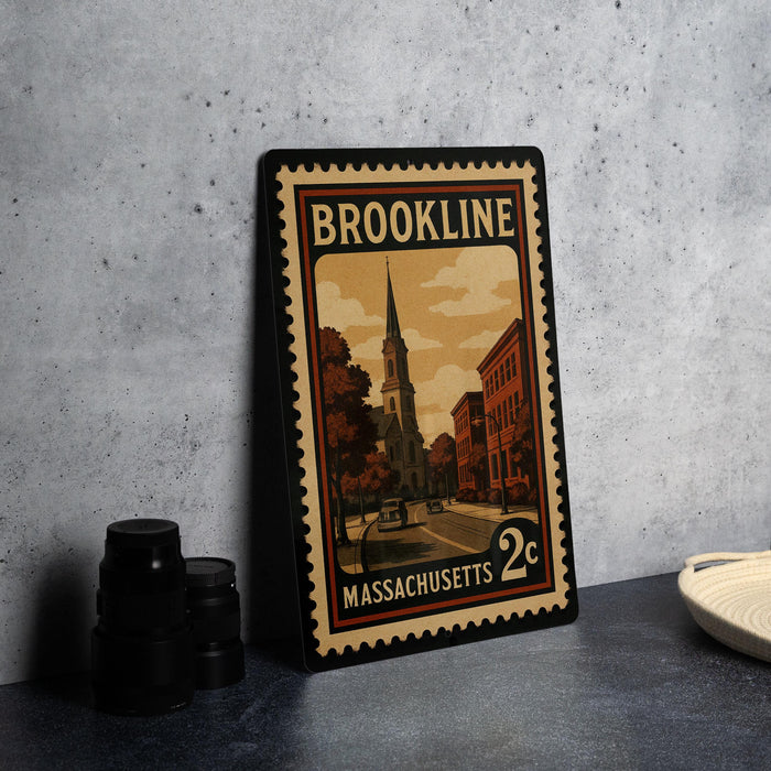 A framed postage stamp from Massachusetts, featuring an illustration of a church and a street scene, placed on a countertop next to some black camera lenses.