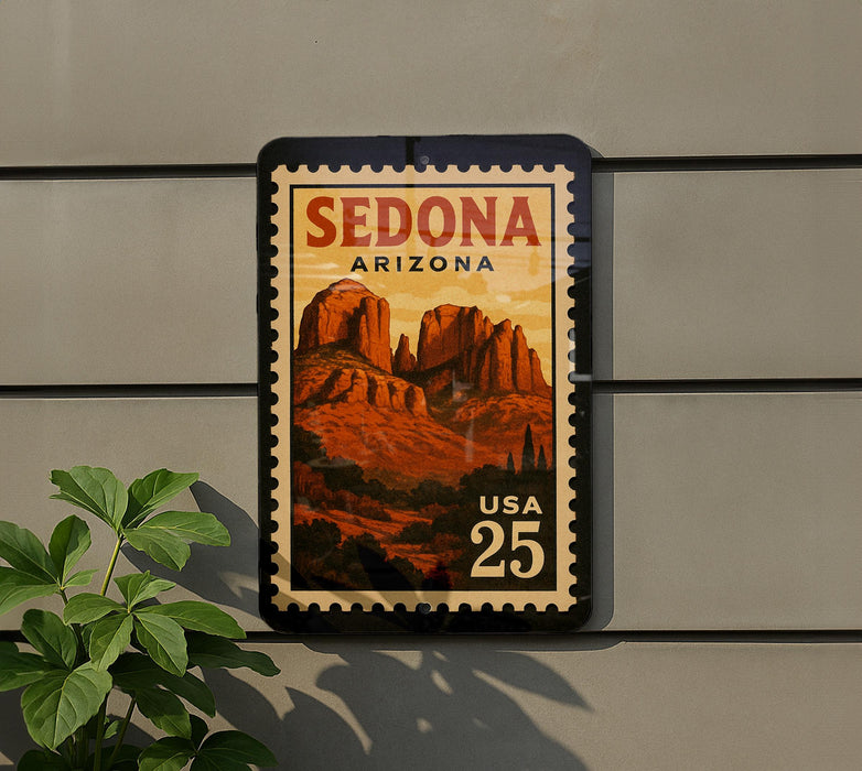 A vintage-style postage stamp from Sedona, Arizona, featuring a scenic image of the iconic rock formations of Sedona.