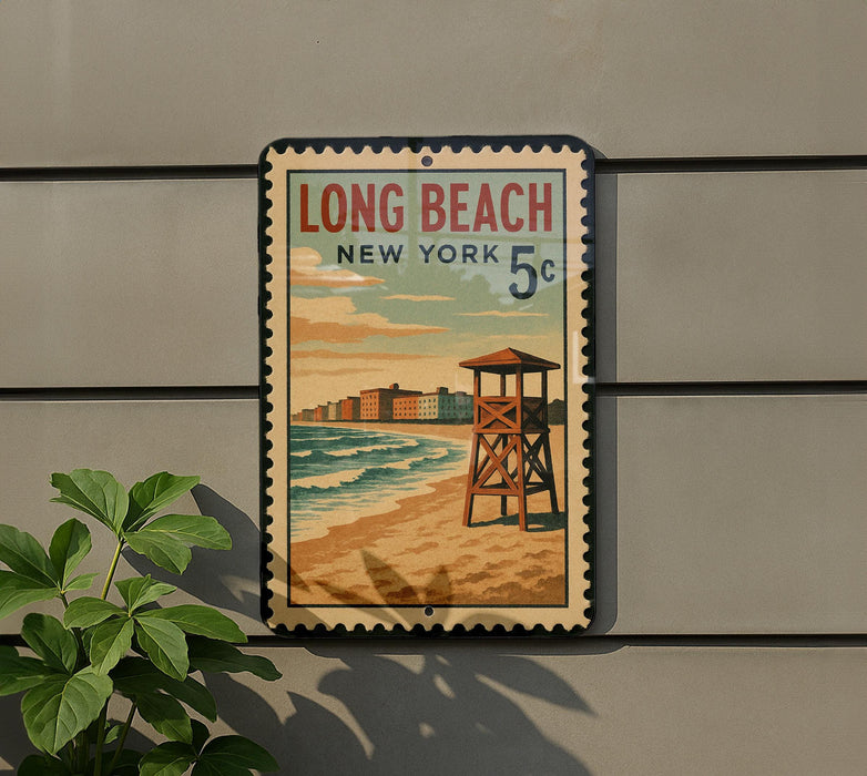 A vintage-style sign for Long Beach, New York, featuring a lifeguard tower and a beach scene.