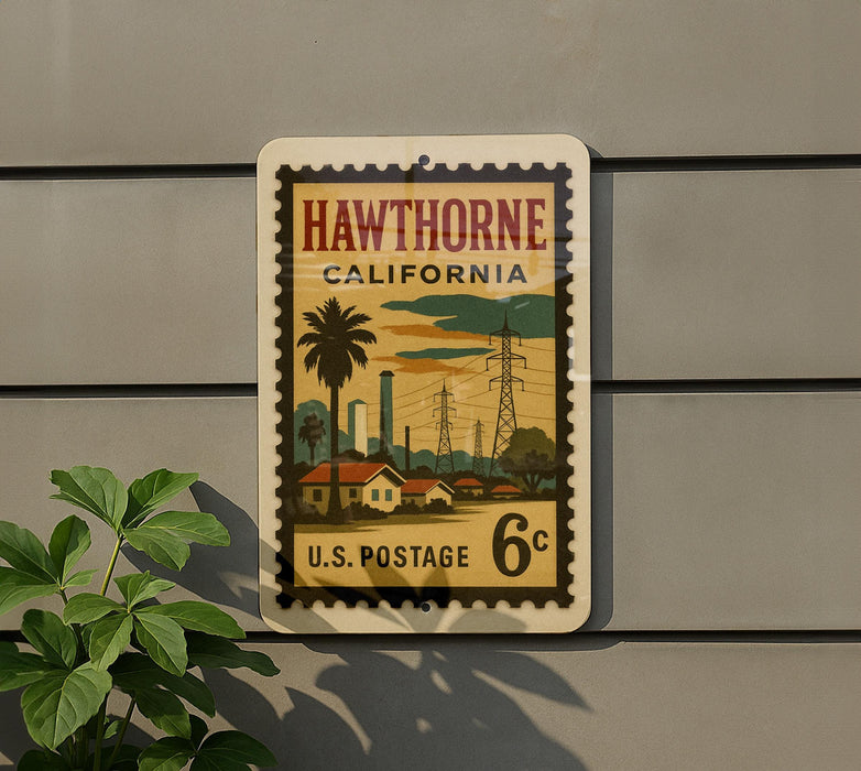 A vintage-style U.S. postage stamp from Hawthorne, California, featuring a palm tree and other landscape elements.