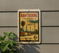 A vintage-style U.S. postage stamp from Hawthorne, California, featuring a palm tree and other landscape elements.