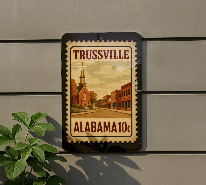 A sign for Trussville, Alabama, featuring a church and a street scene.