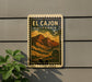 a vintage-style postage stamp from California, with a mountain landscape and text indicating the location as El Cajon, California.