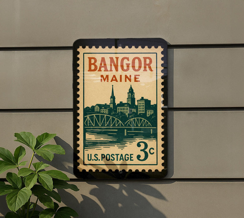 A vintage postage stamp from Maine, featuring a cityscape and a bridge, is displayed on a wall.