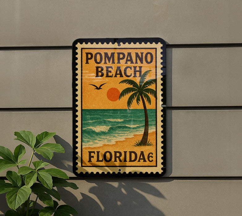 A vintage-style sign for Pompano Beach, Florida, featuring a palm tree and a sunset over the ocean.