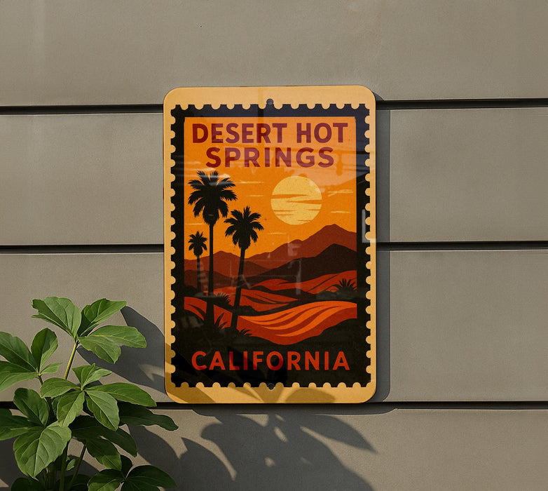 A sign for Desert Hot Springs, California, featuring a palm tree and sunset landscape.