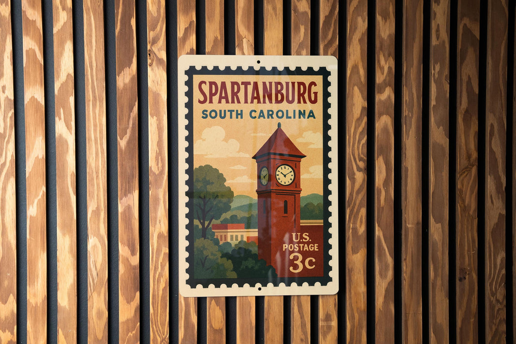 A vintage postage stamp from the United States of America, featuring a red clock tower in the center, mounted on a wooden wall.