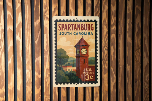 A vintage postage stamp from the United States of America, featuring a red clock tower in the center, mounted on a wooden wall.
