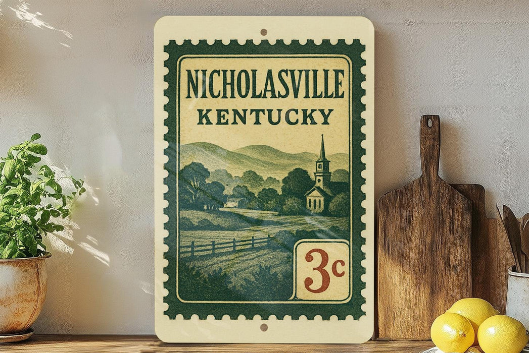 A vintage-style postage stamp from Kentucky, featuring a pastoral scene with a church and a farm, is displayed on a shelf next to kitchen utensils and a potted plant.