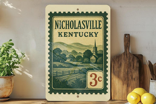 A vintage-style postage stamp from Kentucky, featuring a pastoral scene with a church and a farm, is displayed on a shelf next to kitchen utensils and a potted plant.