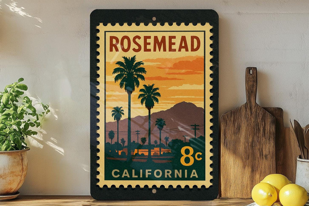 A vintage-style postage stamp from California, featuring a palm tree and mountains, is displayed on a shelf next to a wooden cutting board and a potted plant.