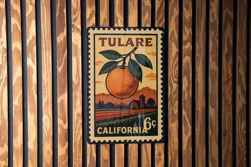 A vintage postage stamp from Tulare, California, featuring an orange and a leaf, is displayed on a wooden wall.
