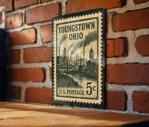 A vintage U.S. postage stamp from Youngstown, Ohio, featuring an illustration of a cityscape with steam-powered trains and a bridge.