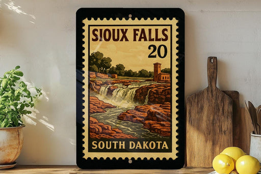 A framed vintage-style poster of Iowa Falls, featuring a waterfall and a building, is displayed on a shelf next to a wooden cutting board and a potted plant.