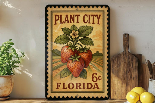 A vintage-style metal sign advertising "Plant City Florida" with a strawberry illustration, placed on a wooden shelf next to a potted plant and a wooden cutting board.