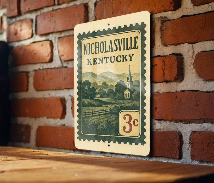 A vintage-style metal sign with the text "NICHOLASVILLE KENTUCKY" and a depiction of a rural landscape, mounted on a brick wall.