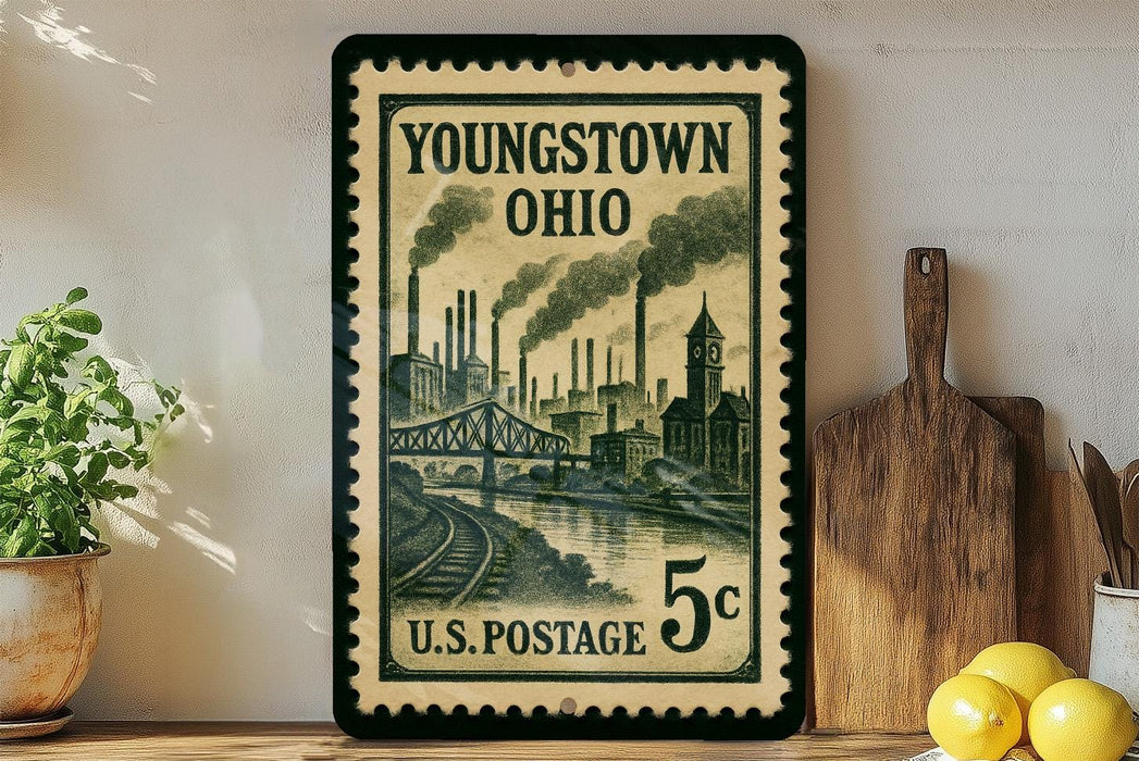 A vintage U.S. postage stamp from Youngstown, Ohio, featuring steam-powered factories and a bridge, displayed on a shelf next to a wooden cutting board and some lemons.