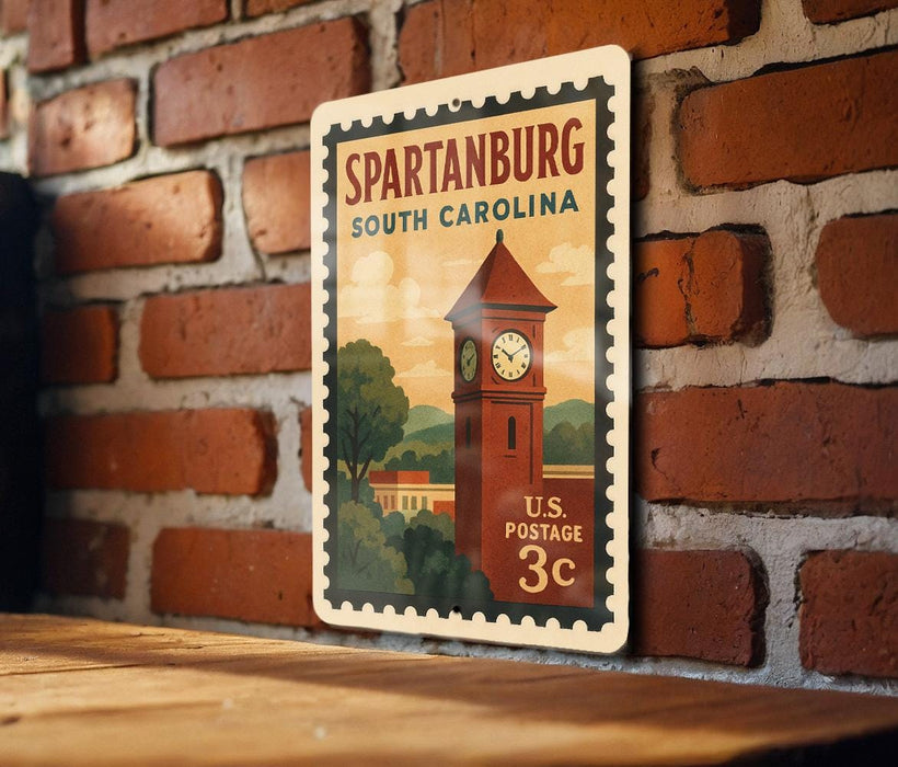 A vintage postage stamp from the United States of America, featuring a red brick wall and a clock tower, with the text "SPARTANBURG SOUTH CAROLINA" and "U.S. POSTAGE 3c".