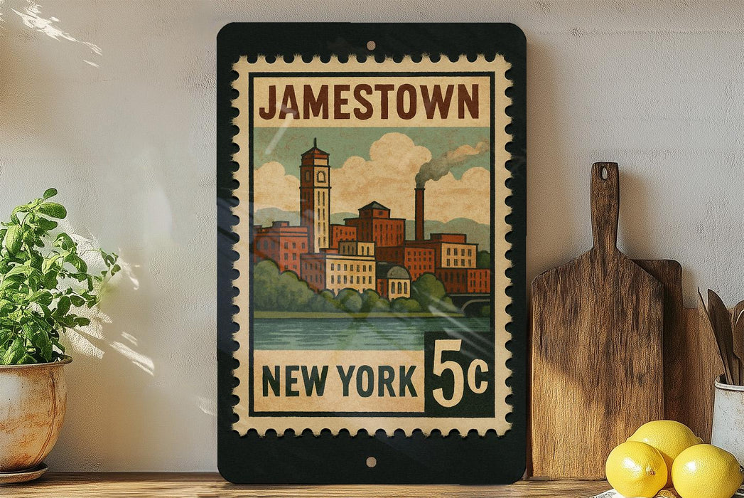 A framed vintage postage stamp depicting a cityscape of Jamestown, New York, with the text "JAMESTOWN NEW YORK 5c" printed on it. The stamp is displayed on a shelf next to a wooden cutting board and a potted plant.