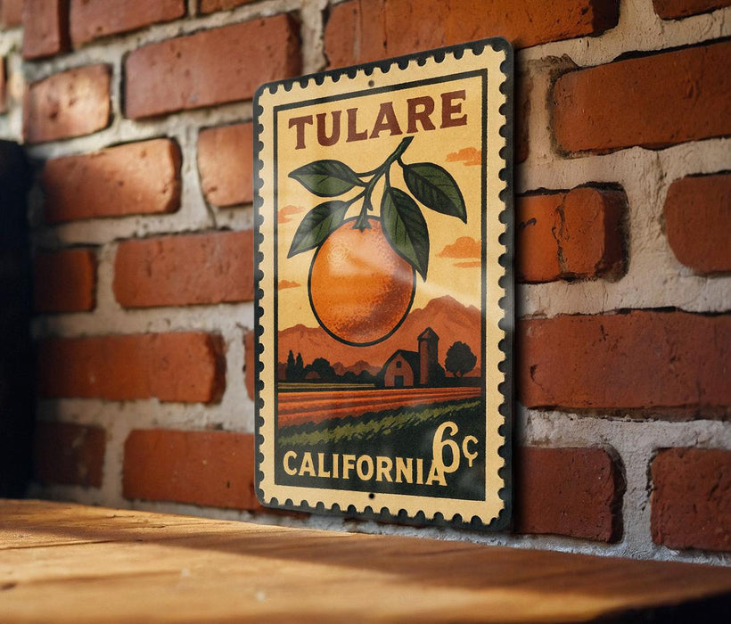 A vintage-style metal sign with a graphic of an orange and a farm scene, mounted on a brick wall.