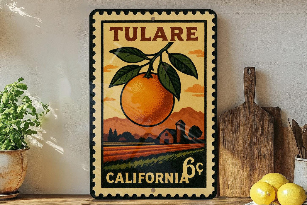 A vintage-style metal sign with an illustration of an orange and a rural landscape, mounted on a wall next to a wooden cutting board and some kitchen utensils.