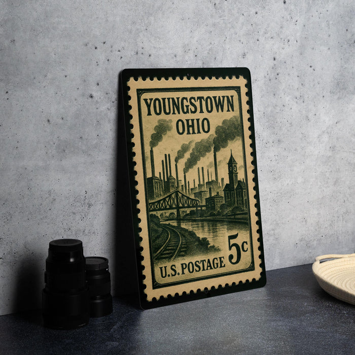 A vintage postage stamp from Youtown, Ohio, featuring an illustration of a steam-powered factory and train tracks.