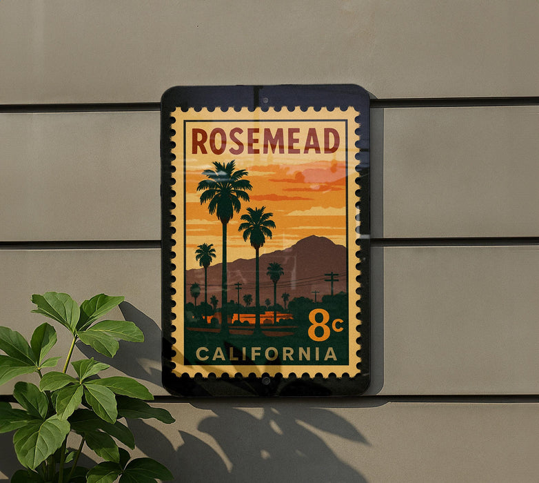A vintage-style postage stamp depicting a palm tree and mountains, with the text "ROSEMAD 8¢ CALIFORNIA" printed on it, is displayed on a wall.