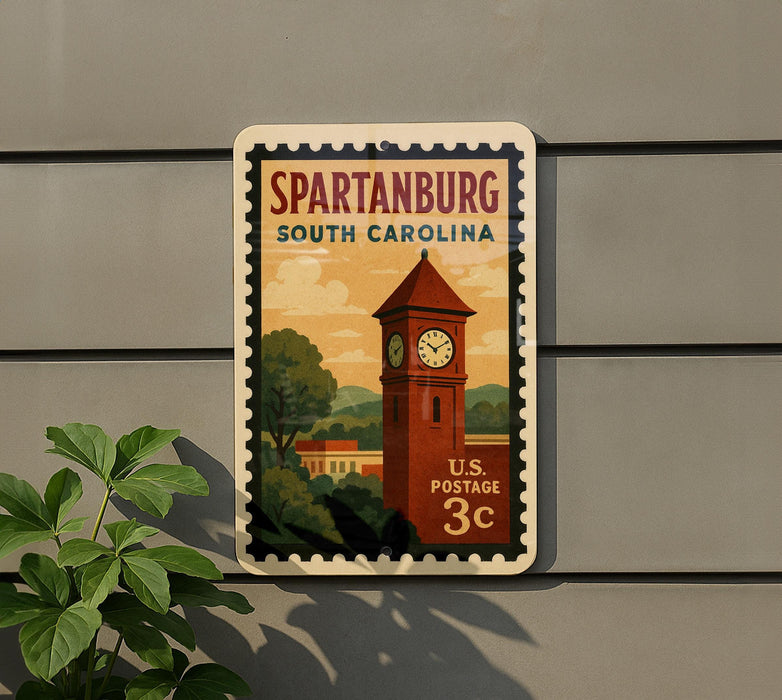 A vintage postage stamp depicting a clock tower in Spartanburg, South Carolina, with the text "SPARTANBURG SOUTH CAROLINA" and "U.S. POSTAGE 3c" printed on it.