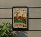 A vintage-style postage stamp depicting a cityscape of Jamestown, New York, with the text "JAMESTOWN NEW YORK 5c" printed on it.