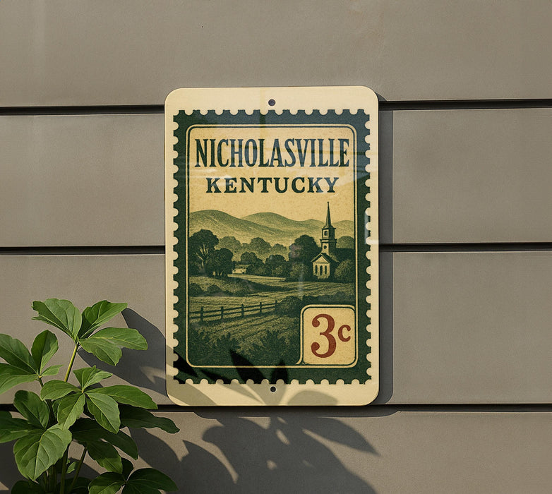 A vintage-style sign for Nicholasville, Kentucky, featuring a pastoral scene with a church and mountains in the background.