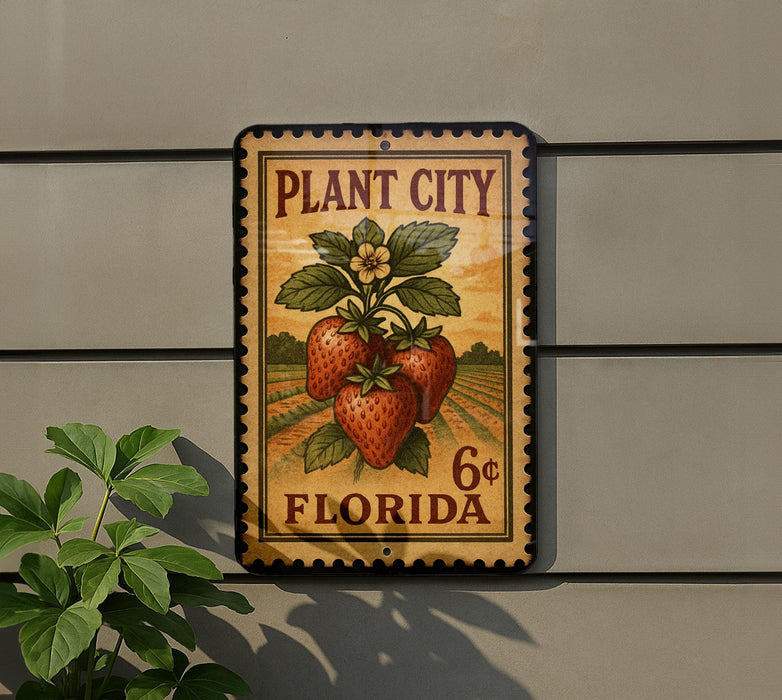 A sign for Plant City, Florida, featuring a strawberry illustration and the text "PLANT CITY 6c FLORIDA".