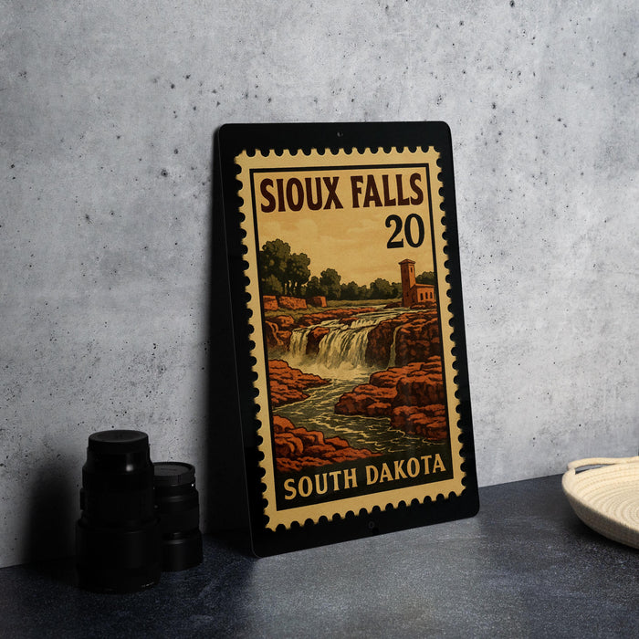 A framed poster of the scenic falls of South Dakota, featuring a waterfall and a castle, is displayed on a countertop.