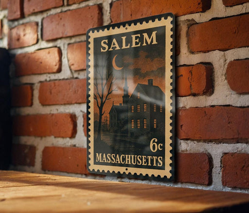 A framed vintage postage stamp from Salem, Massachusetts, featuring a nighttime scene of a church and a house, mounted on a brick wall.
