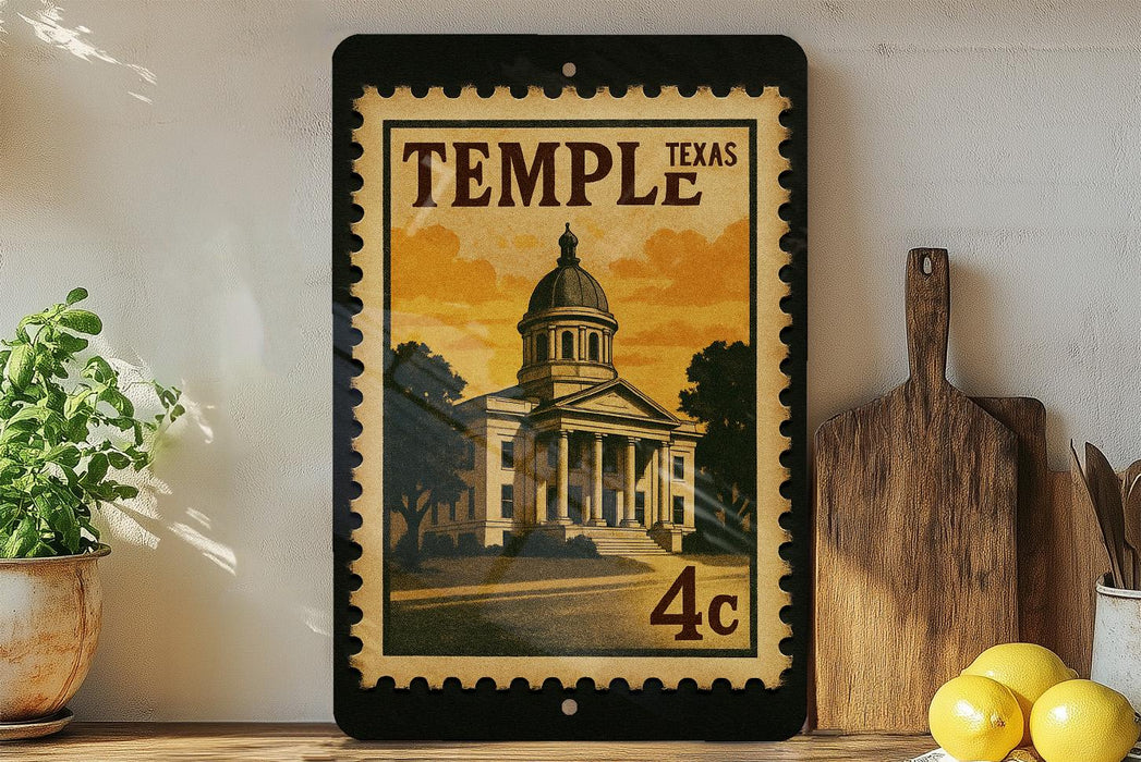 A framed image of a building, likely a historic landmark, is displayed on a shelf next to a wooden cutting board and some lemons.