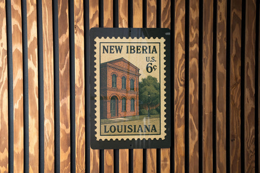 A New Iberia U.S. 6¢ postage stamp from Louisiana, featuring an illustration of a building.