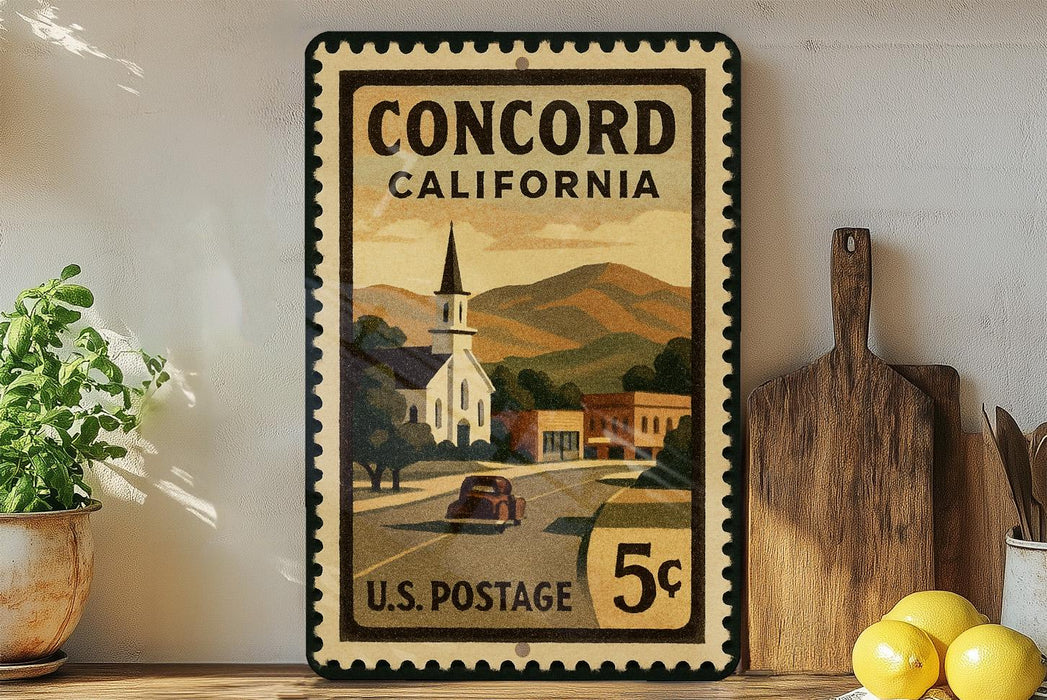 A vintage-style postage stamp from Concord, California, featuring a church and a road, displayed on a shelf next to a wooden cutting board and some lemons.