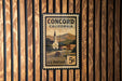A U.S. postage stamp from Concord, California, featuring a church and mountains in the background.