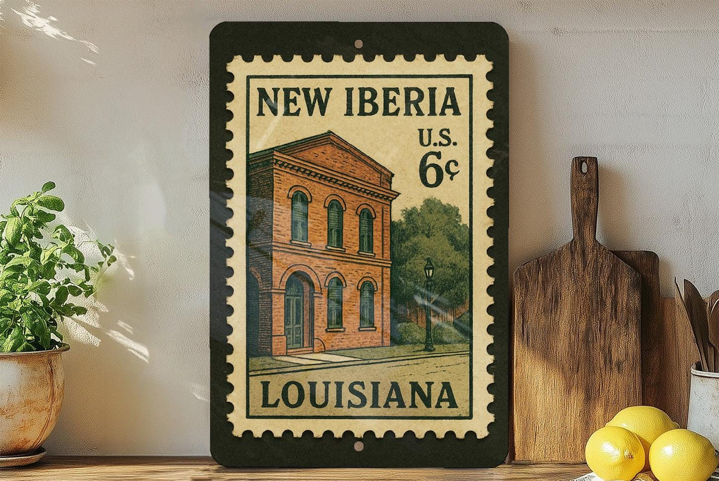 A framed vintage postage stamp depicting a brick building in New Orleans, Louisiana, with the text "NEW IBERIA U.S. 6¢ LOUISIANA".