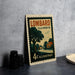 A vintage postage stamp from Illinois, featuring a rural scene with a house and trees, is displayed on a table.