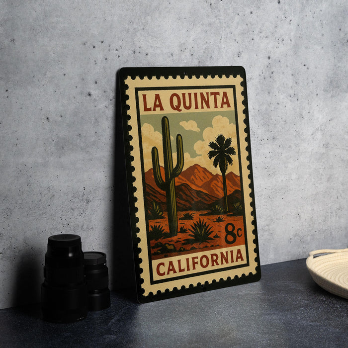 A framed vintage postage stamp from California, featuring a desert landscape with a cactus and mountains, is displayed on a countertop.