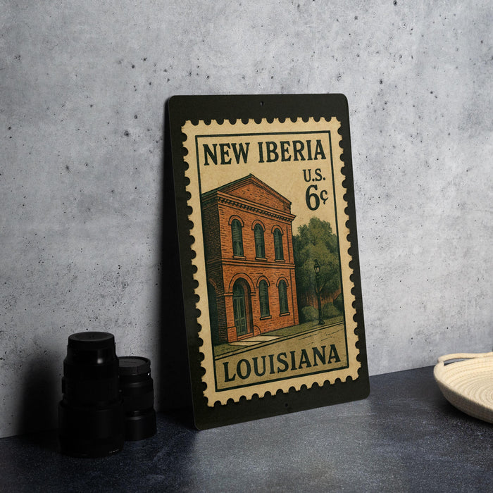 A framed vintage postage stamp from Louisiana, depicting a brick building, is displayed on a table.