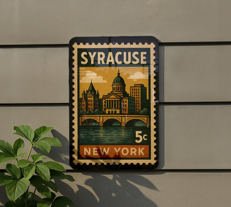 A vintage postage stamp depicting the city of Syracuse, New York, with a bridge and buildings in the background.