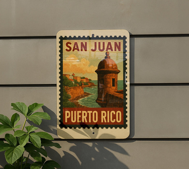 A sign for San Juan, Puerto Rico, featuring a colorful illustration of the city's iconic fort.