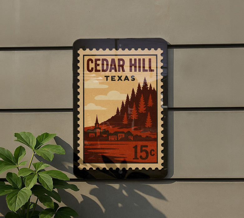 A vintage-style postage stamp depicting a scenic landscape of Cedar Hill, Texas, with a small town and pine trees in the background.