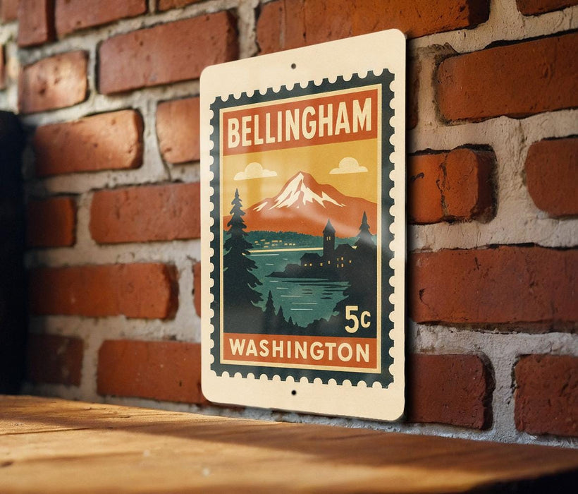 A vintage-style metal sign with a mountain landscape and text, mounted on a brick wall.