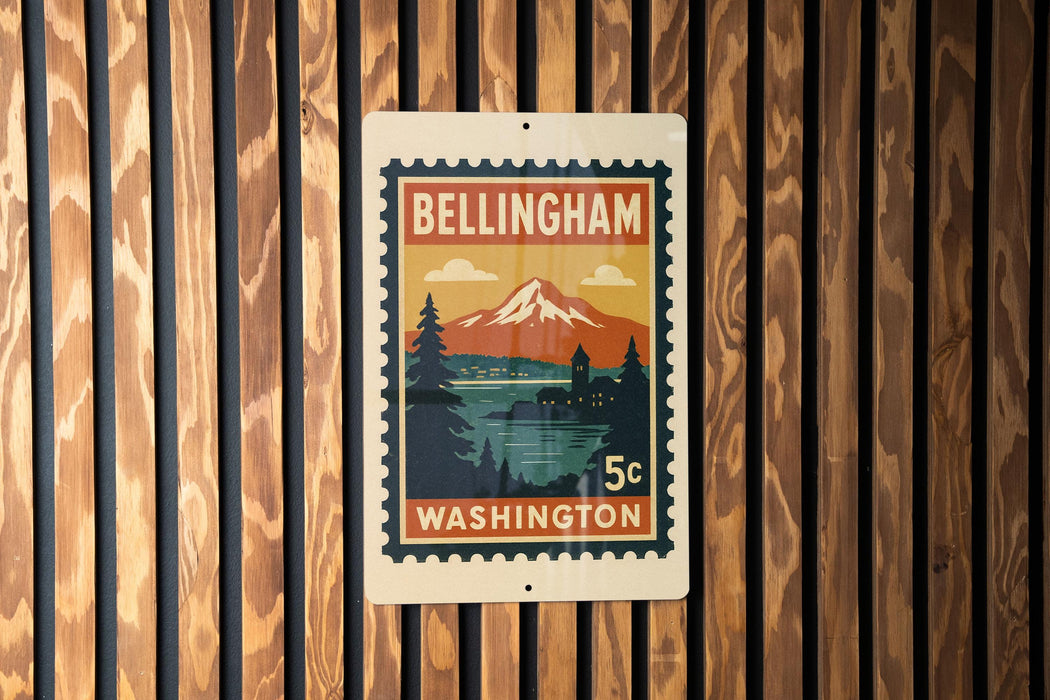 A vintage-style postage stamp from Washington, featuring a mountain landscape and the text "Bellingham Washington 5c".