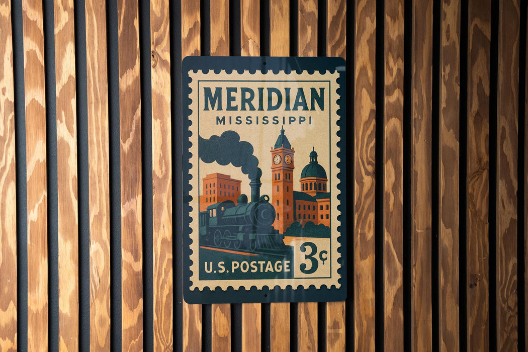 A vintage-style postage stamp from the United States, featuring an illustration of a train and buildings, mounted on a wooden wall.