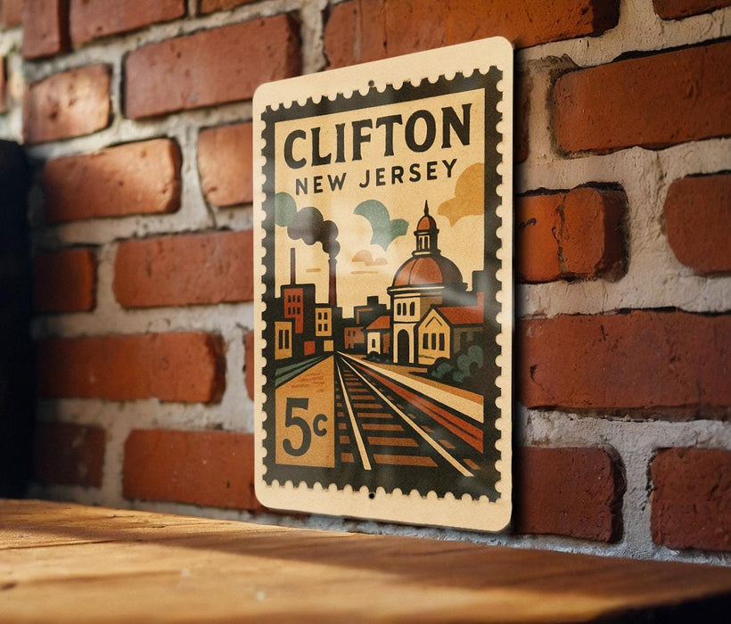 A vintage postage stamp from New Jersey featuring a cityscape with a train track and steam engine, mounted on a brick wall.