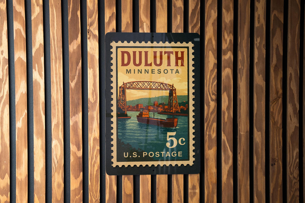 A postage stamp from Duluth, Minnesota, featuring a bridge and boats on the water.