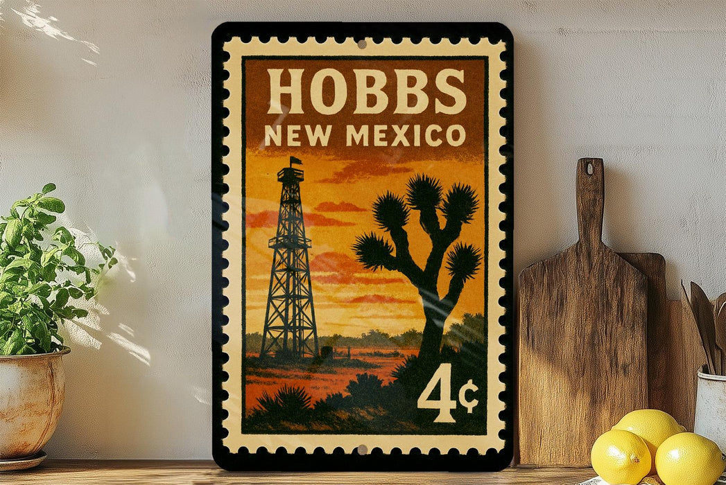 A vintage-style stamp depicting a desert scene with a tower, a cactus, and a sunset, along with the text "HOBBS NEW MEXICO" and a denomination of 4 cents.